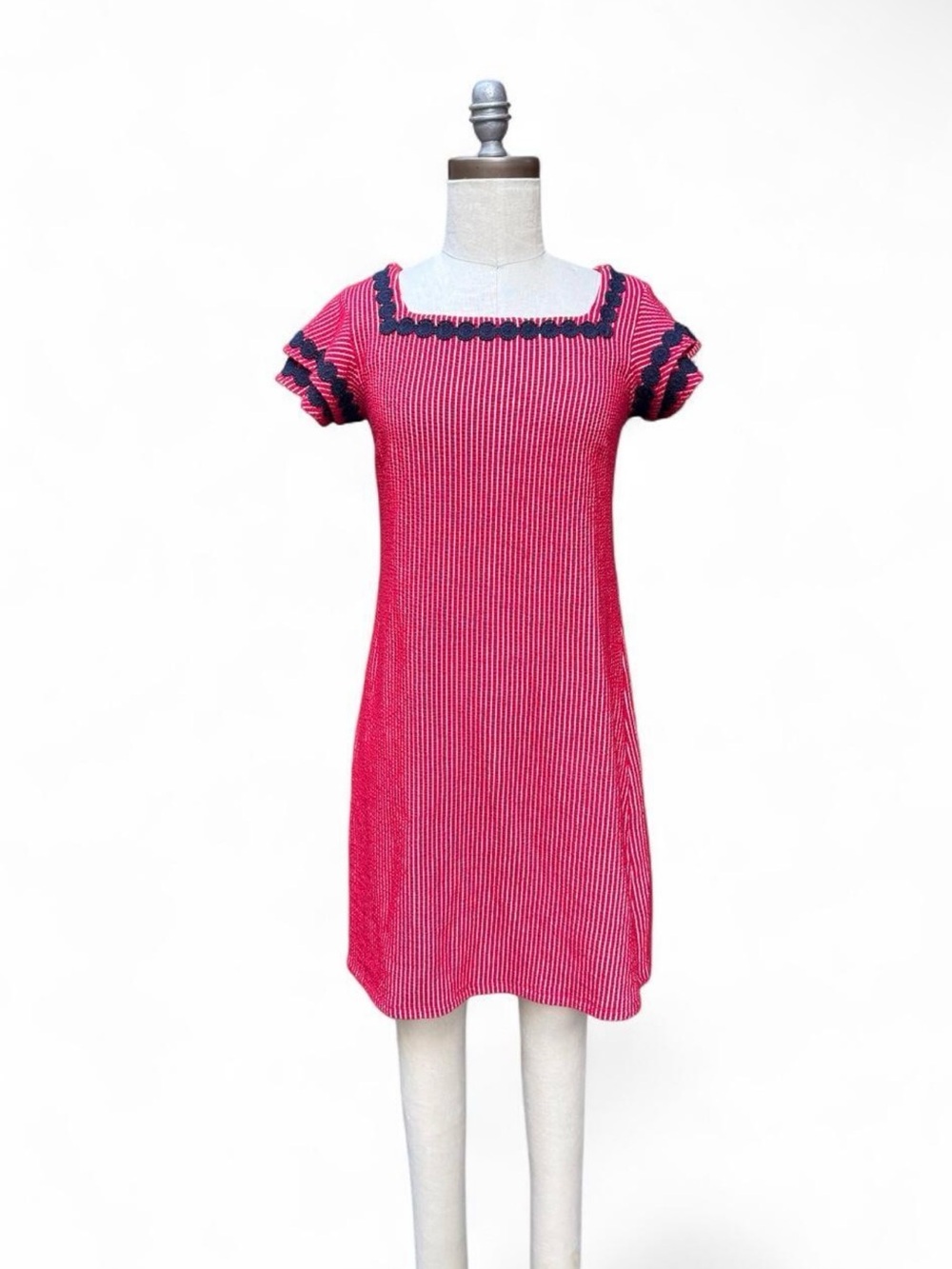 Red & white stripe cotton blend stretch seersucker dress layered flutter sleeves